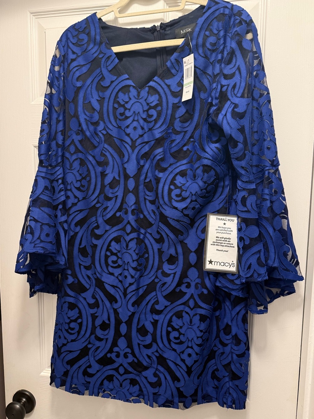 MSK Royal Blue and Black Lace Overlay Long Sleeve Dress